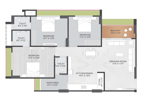 3 BHK Floor Plan - Sahajanand Green Nikol
