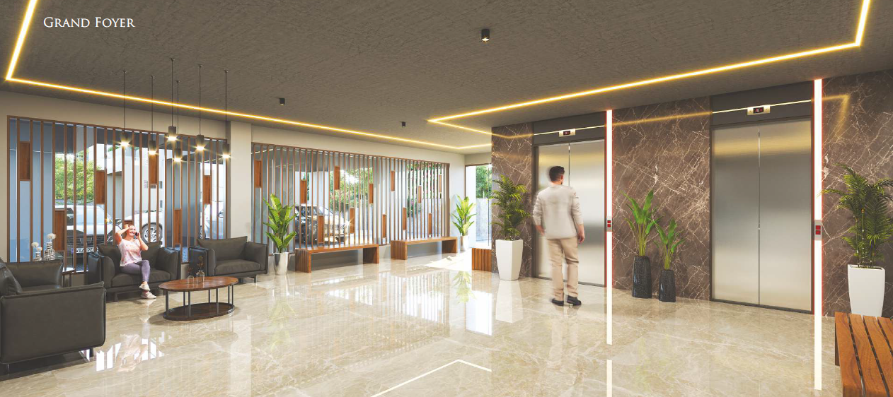 Satya Sankalp Sky Grand Foyer Interior with High-Speed Elevators