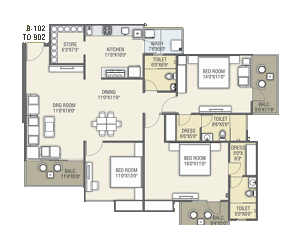 3 BHK Floor Plan - Royal Palms Kota
